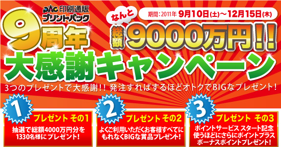 期間:2011年9月10日(土)〜12月15日(木) 印刷通販プリントパック 総額なんと9000万円 9周年大感謝キャンペーン 3つのプレゼントで大感謝!! 発注すればするほどオトクでBIGなプレゼント!