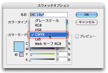 スウォッチオプション＞CMYK