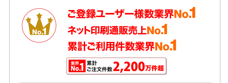 ごご登録ユーザー様数業界No.1
ネット印刷通販売上No.1
累計ご利用件数業界No1.
業界No1. 累計ご注文件数2,200万件超